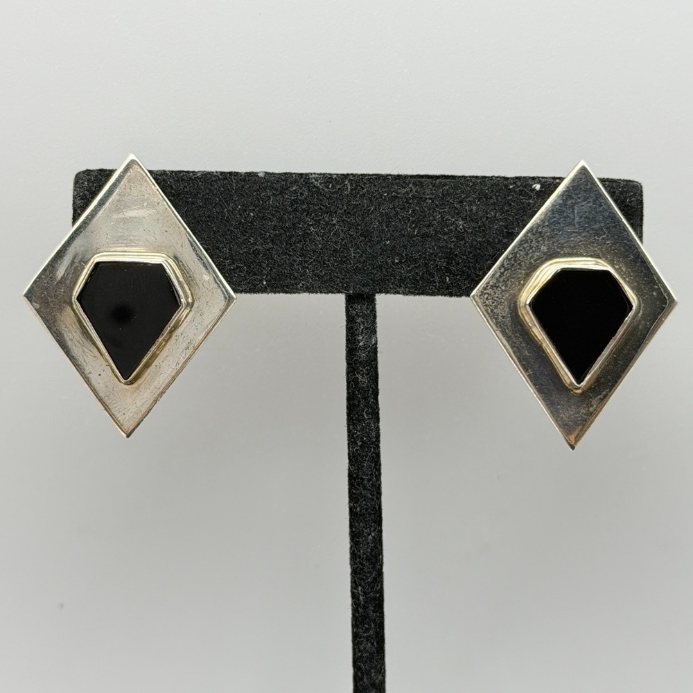 Vintage Hecho en Mexico Sterling Silver Geometric Onyx Omega Back Earrings 925